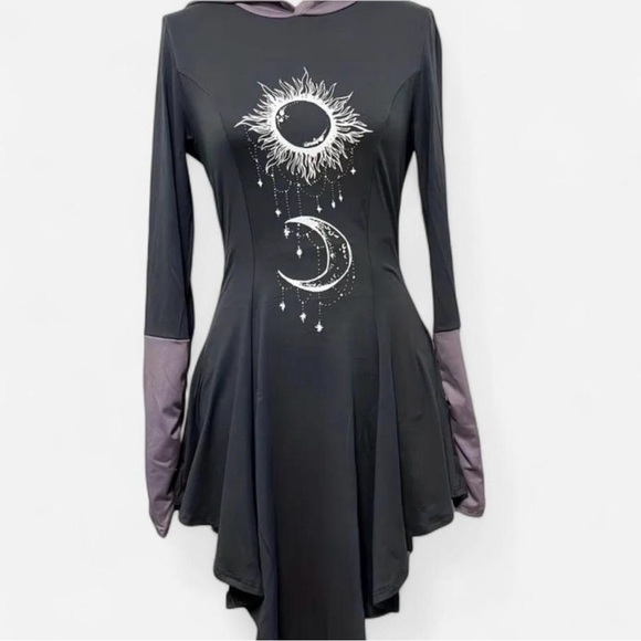Dark Gray Goth Sun Moon Hooded Mini Dress Long Sleeve Size S - Picture 2 of 4